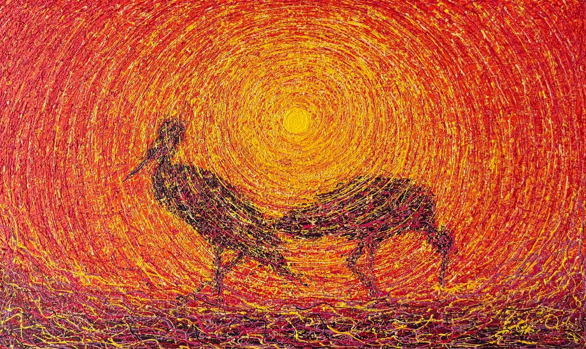 Impressionistic Animal Acrylic Painting By Tina Shyfruk, 20 X 12", Birds And Sunset, Original Artwork