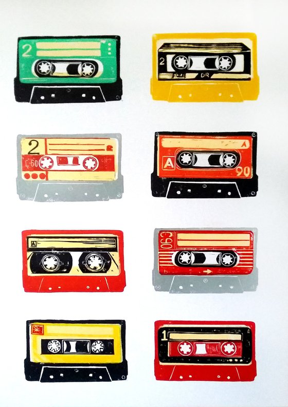 Linocut tapes #53 (cassette tapes, retro music, 70's, 80's rock culture)