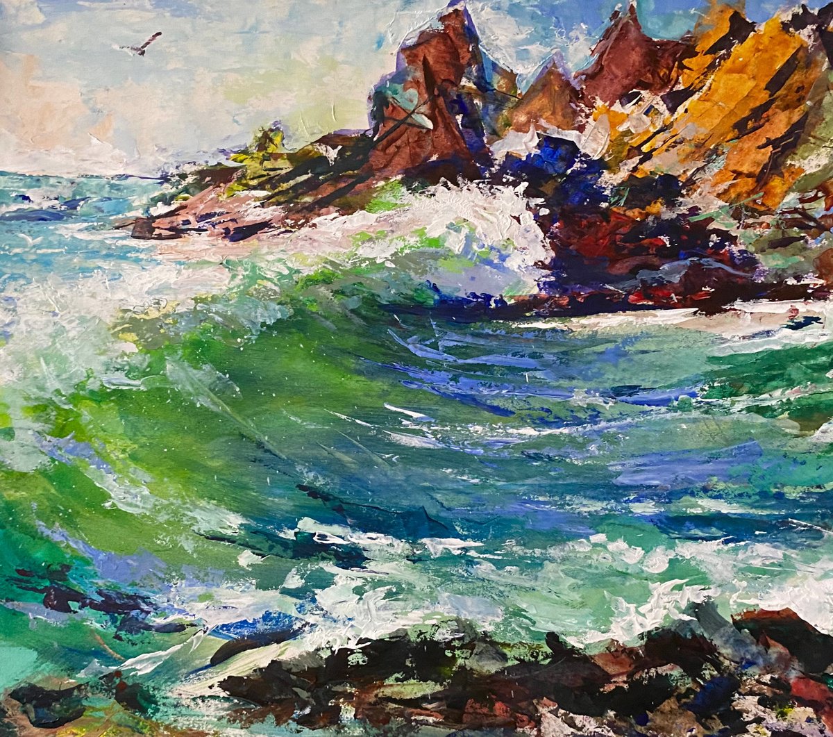 Impressionistic Landscape Acrylic Painting By Anthony Barrow Ba(Hons) Fine Art, 23 X 21, Crashing Wave, Original Artwork