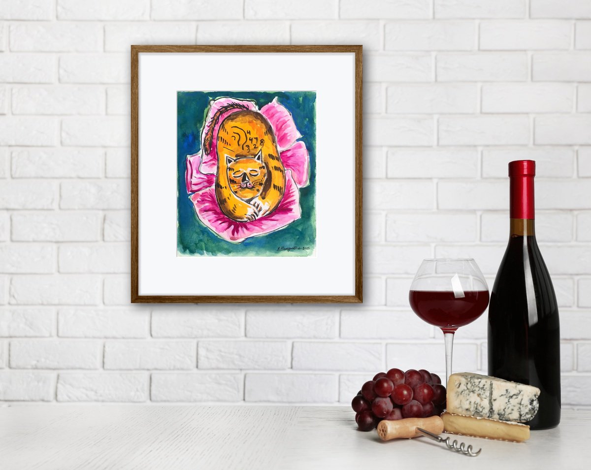 Impressionistic Animal Painting By Roberto Munguia Garcia, 8 X 9", Pillow Cat, Original Artwork