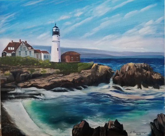 Lighthouse Landscape. Original Oil Painting on Canvas. Spectacular Coastal Landscape with Blue Sky and Water Reflection.