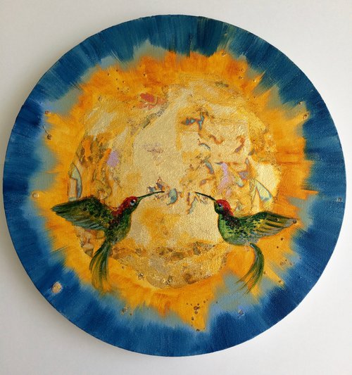 To the Sun - Mixed media round painting with two birds by Olga Ivanova