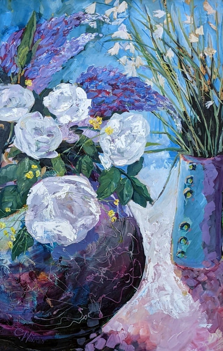 Impressionistic Botanical Acrylic Painting By Chris Walker, 17 X 26, Japanese Vases, Lupins &Amp; Roses, Original Artwork