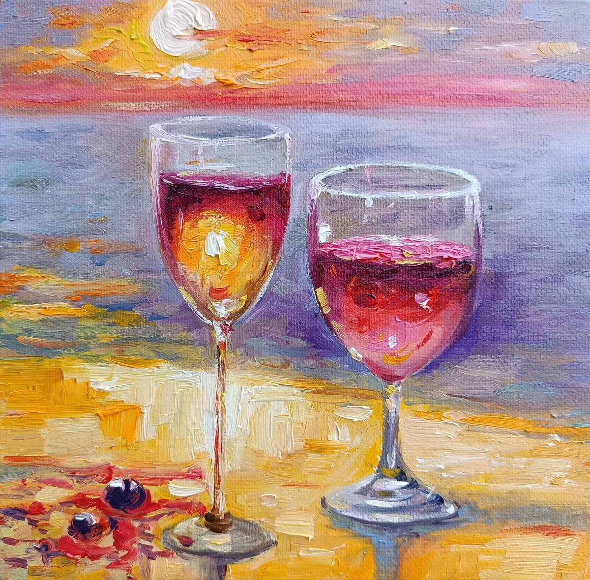 Impressionistic Still Life Oil Painting By Narek Qochunc, 8 X 8", Two Glasses Of Romance, Original Artwork