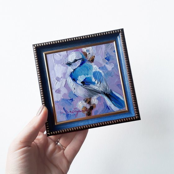 Bird painting oil original 4x4, Azure tit bird art painting framed, Small painting for bird lovers - Keep life simple