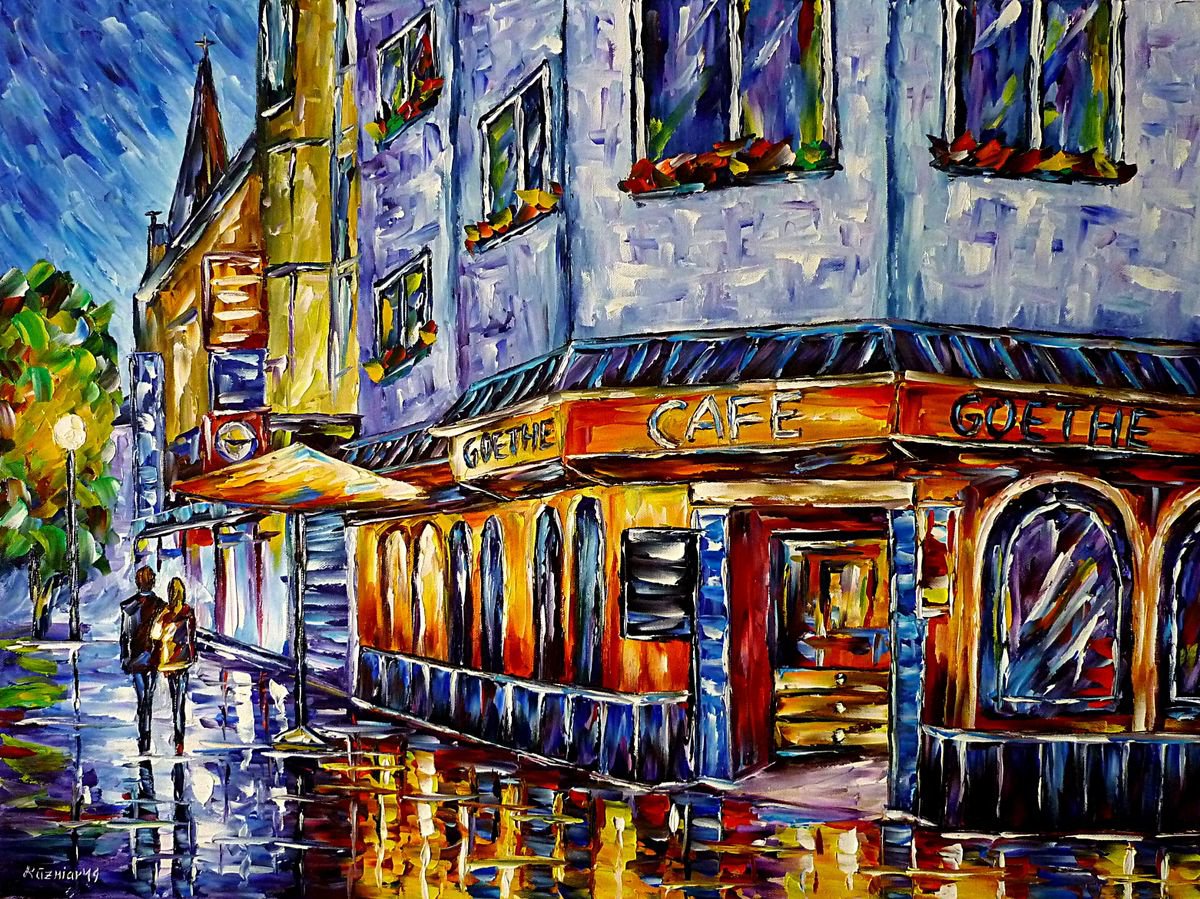 Expressive Cityscapes Oil Painting By Mirek Kuzniar, 31 X 24", Cafe Goethe, Original Artwork