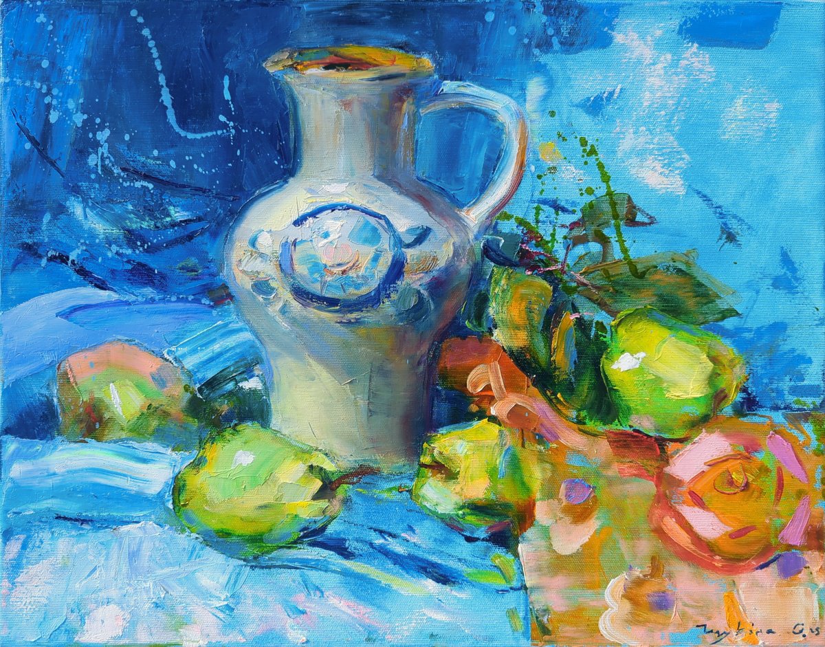 Impressionistic Still Life Oil Painting By Helen Shukina, 20 X 16, Still Life With Quince, Original Artwork