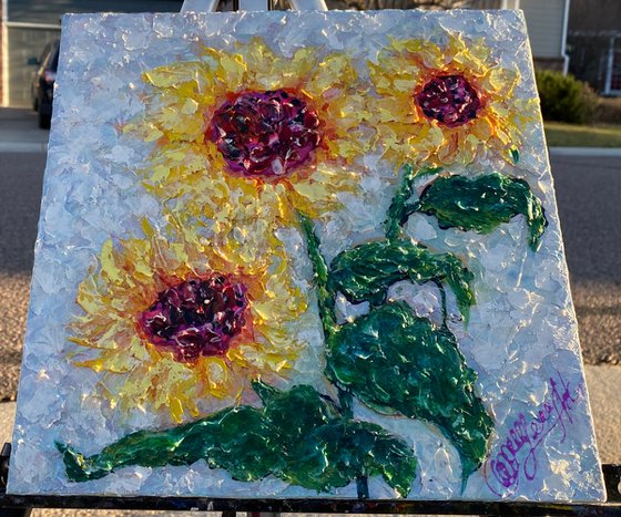 Sunflowers Painting Mixed Media Palette Knife Original Painting Modern Wall Artwork