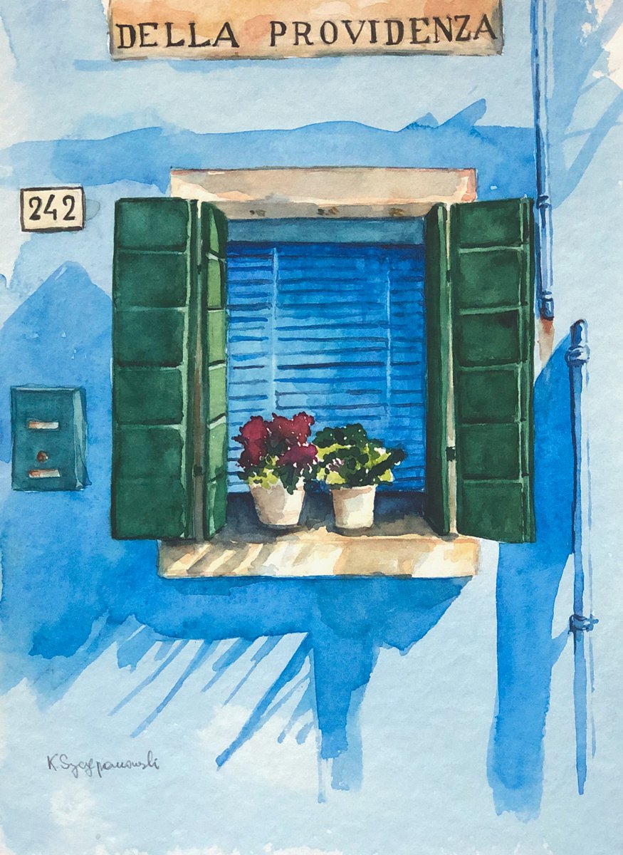 Burano blue window by Krystyna Szczepanowski
