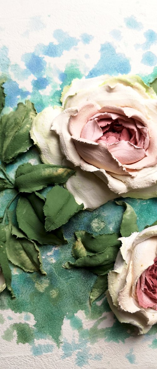 Fresh roses - flower garden painting, Freshness Of The Morning, 30x29x5 cm by Irina Stepanova