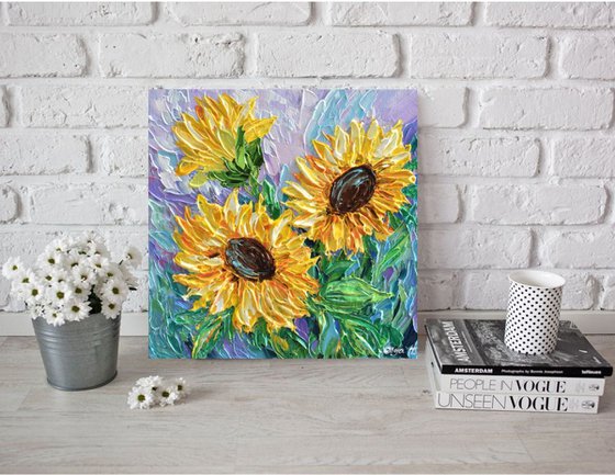 Sunflowers and Lavender - Original Impasto Floral Painting