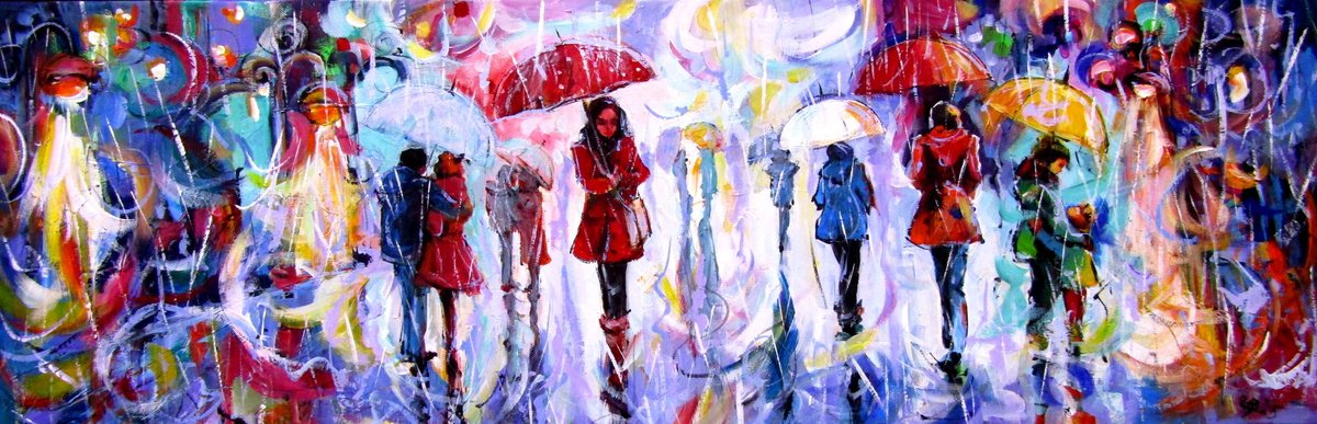 Rain, People And Umbrellas Iii By Kovacs Anna Brigitta, 35 X 12, Artwork For Sale On Artfinder