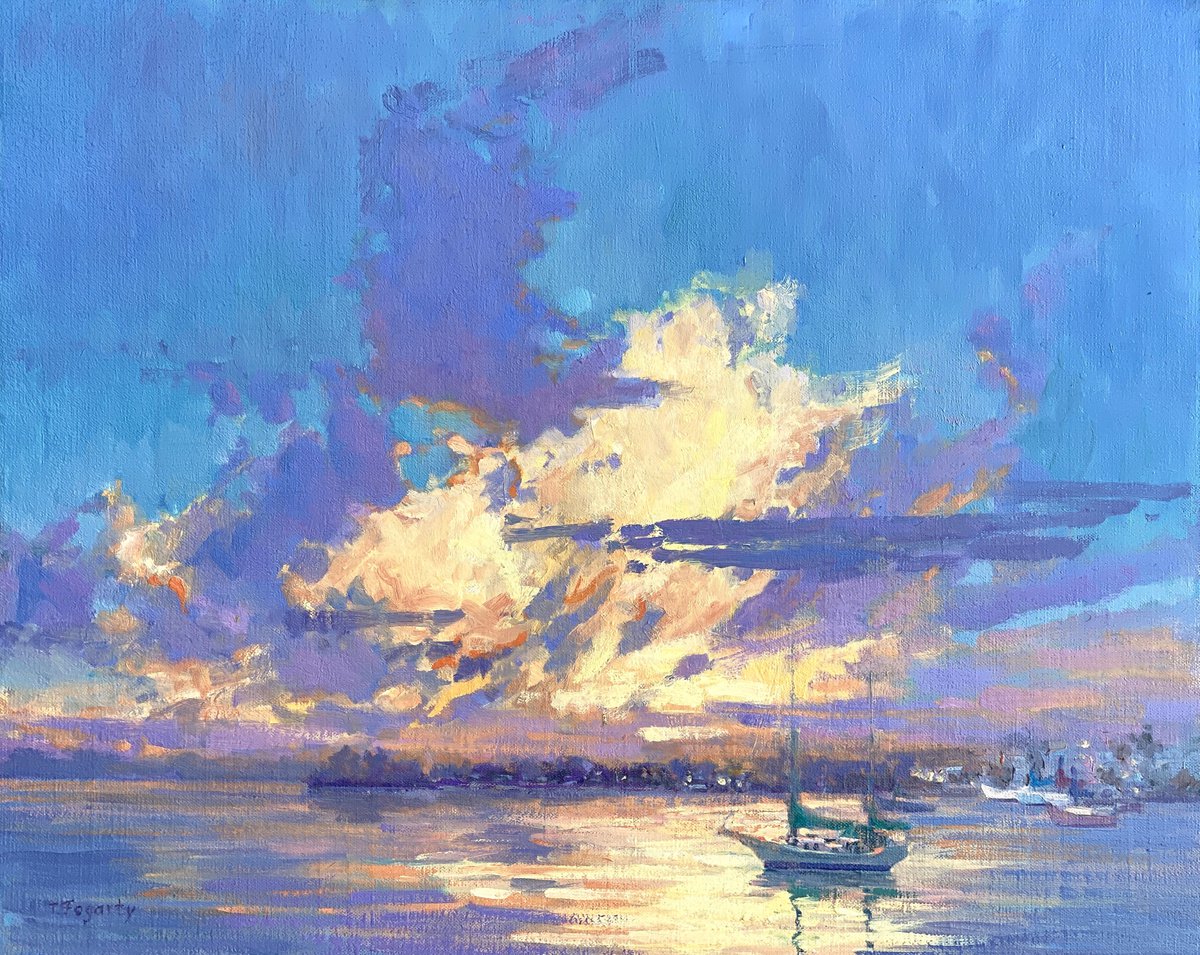 Impressionistic Landscape Oil Painting By Tatyana Fogarty, 20 X 16", Dramatic Sunset Over Sea, Original Artwork