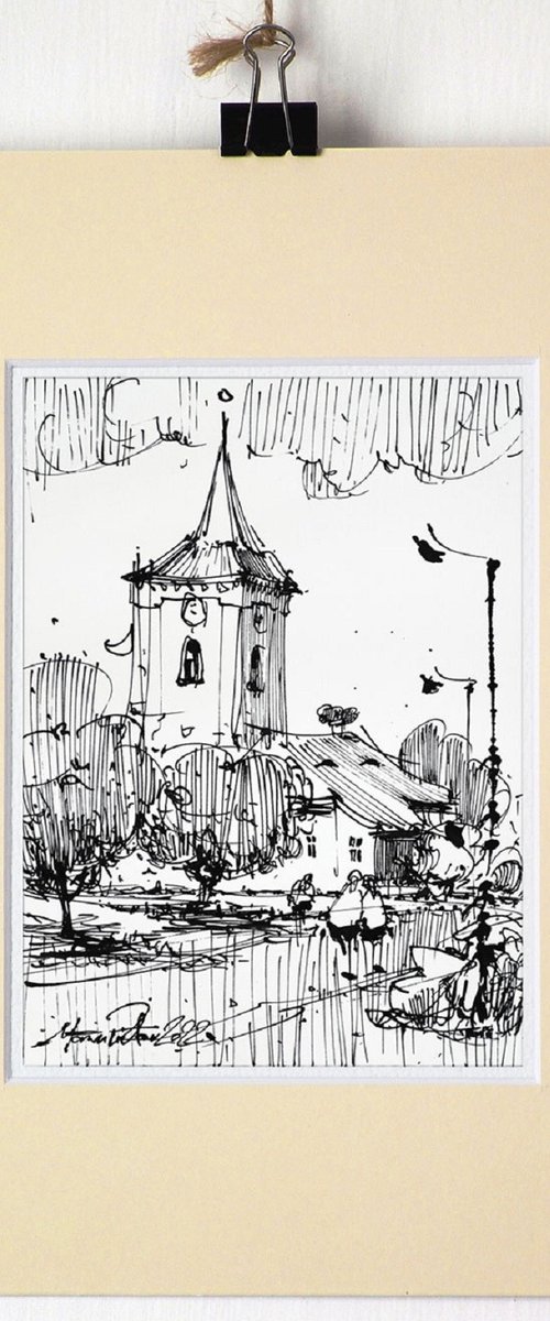 Village, rural street scene, ink drawing on paper, 2022 by Marin Victor