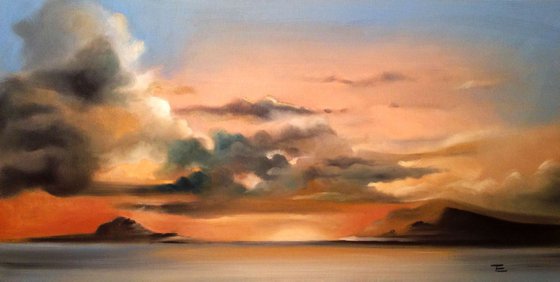 Marine Coast at sunset- original oil on wood-horizontal cut- ready to hang- 30 x 60 cm (12' x 24 ')