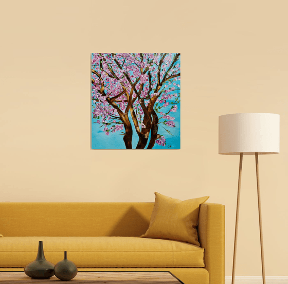 CHERRY  blossom , spring in London white, pink, turquoise 62x66cm ready to hang oil painting