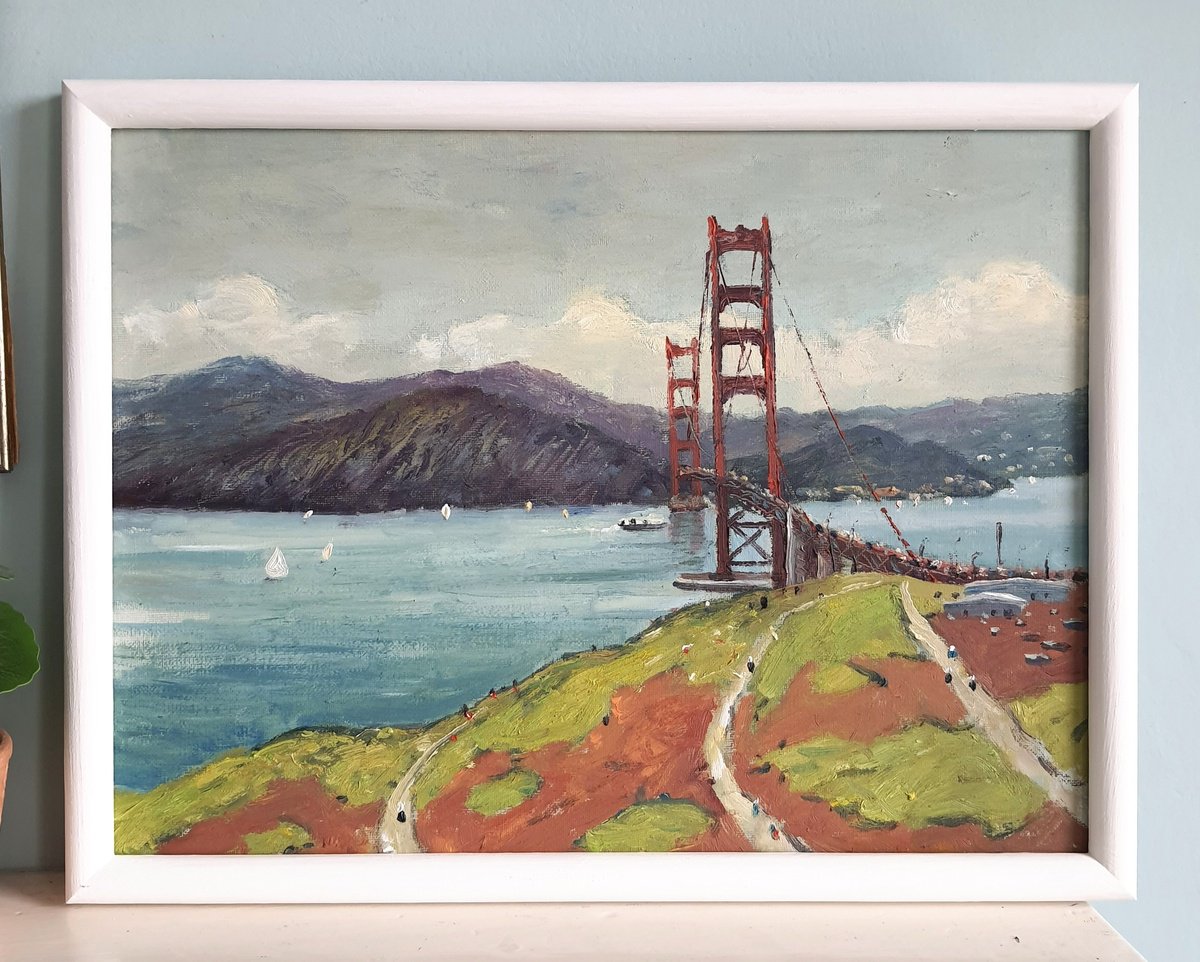 Impressionistic Landscape Oil Painting By Roberto Ponte, 17 X 13", St Francisco Golden Gate, Original Artwork