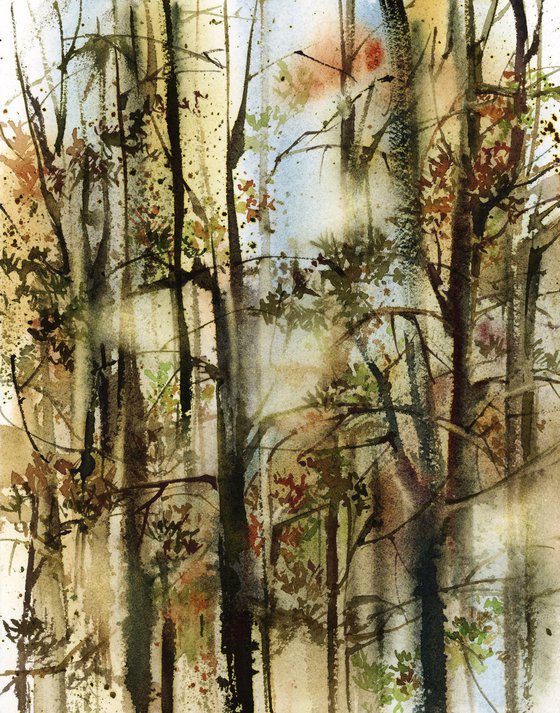 Forest Watercolor Painting Diptych, Abstract Trees Nature Landscape 2 Paintings Set