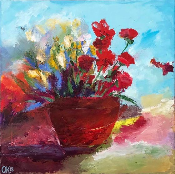 Flowers in a Red Vase