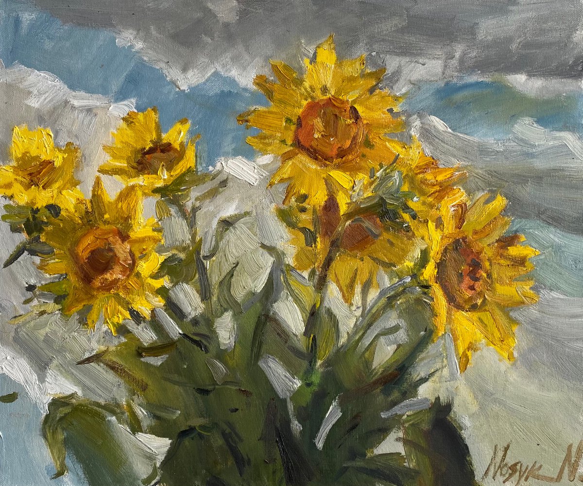Sunflowers and grey sky 60x70cm | oil painting on canvas flowers by Nataliia Nosyk