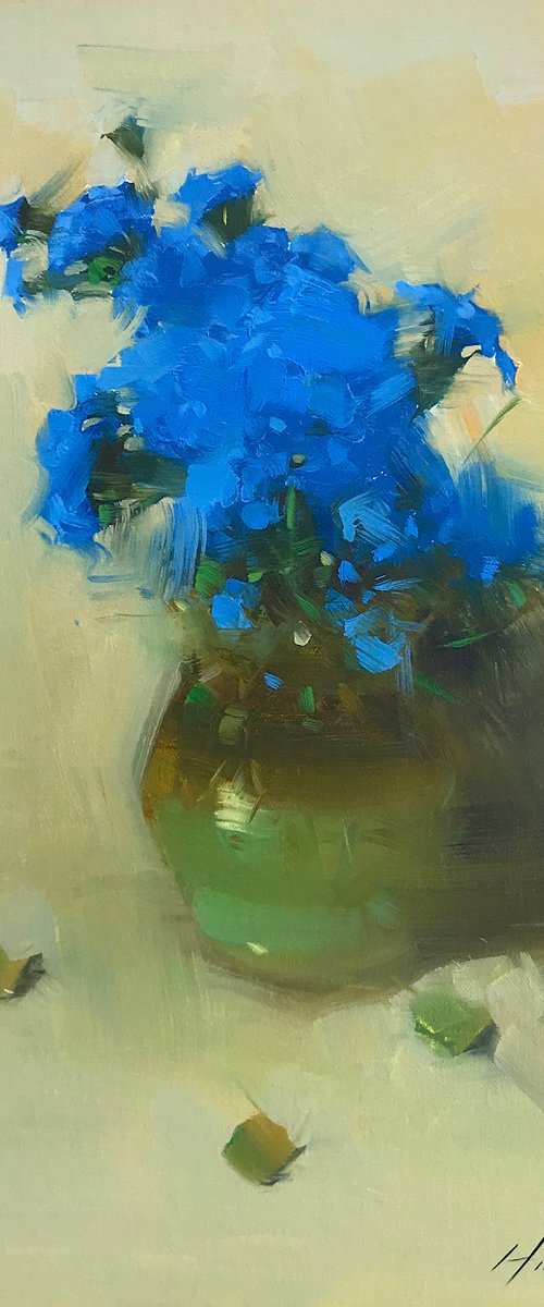 Vase of Blue Flowers, Oil painting, One of a kind, Handmade artwork by Vahe Yeremyan