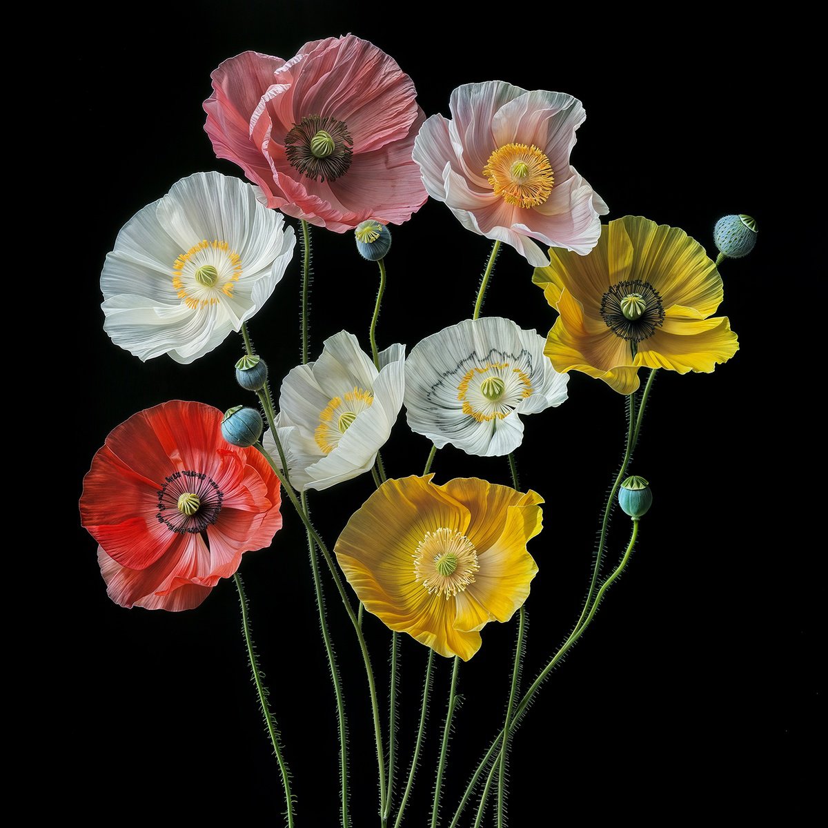 Photorealistic Botanical Photograph By Michael Filonow, 32 X 32", Poppies 55, Original Artwork