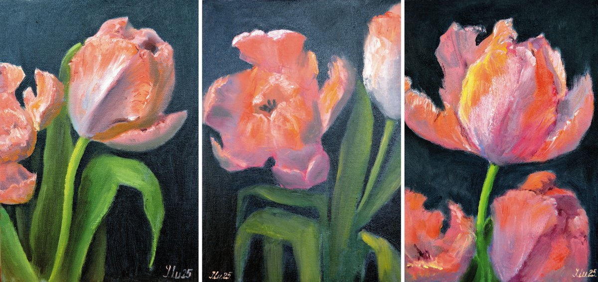 Expressive Botanical Oil Painting By Elena Lukina, 25 X 12, Coral Tulips Triptych, Original Artwork