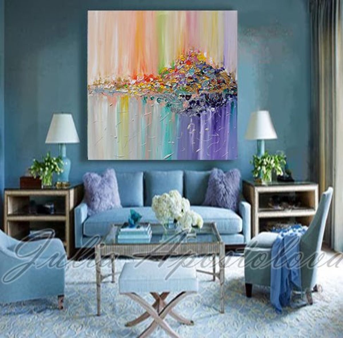 Oil Paintings On Canvas Hand Painted,Abstract Landscape Painting,Modern European Rainbow Colorful Trees And Reflection,Large Size Wall Decoration For Entrance Living Room Adults Gifts,40 X 80 Cm 