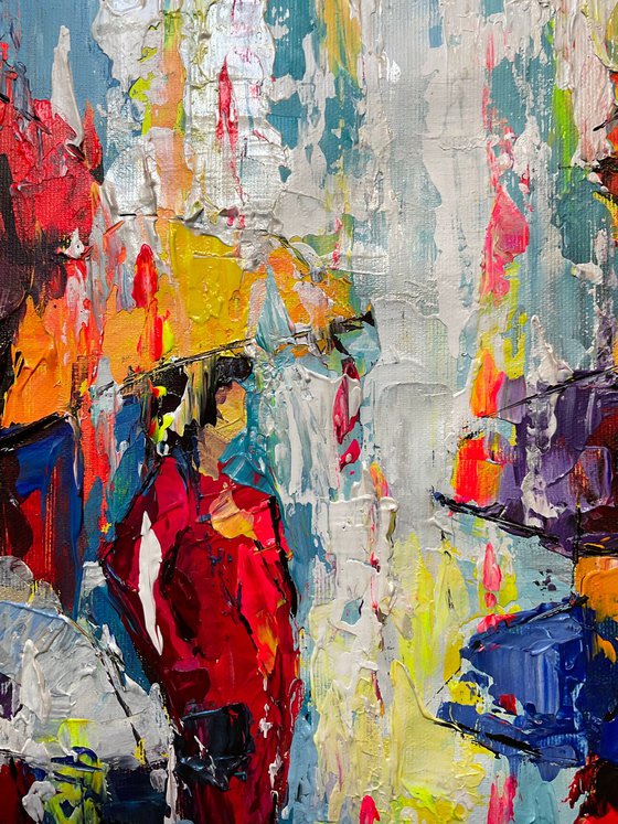 Bright umbrellas. Lady in pink