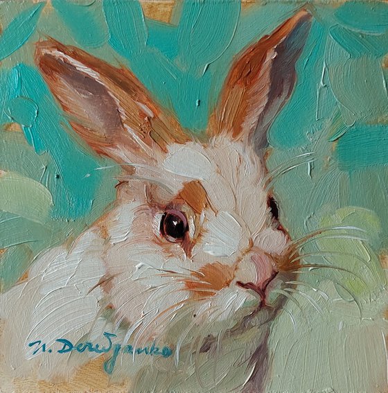 Cute rabbit painting original framed 4x4, Small framed art white rabbit artwork yellow background