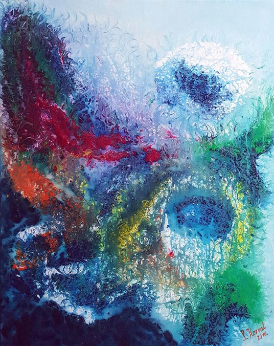 Reef - abstract underwater seascape on stretched canvas, ready to hang,  unique frothing technique, 40x50cm