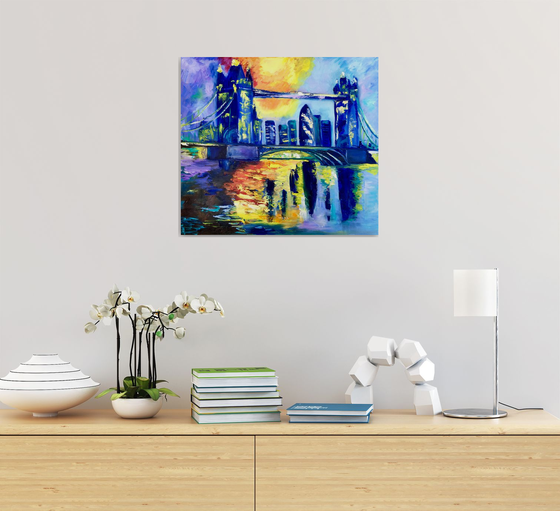 London night, Tower bridge, impressionism.City of London, River Thames, water reflections, sunset, palette knife painting,   variations of blue colours: ultramarine, navy blue, turquoise, sky blue, cobalt, palette knife original artwork.