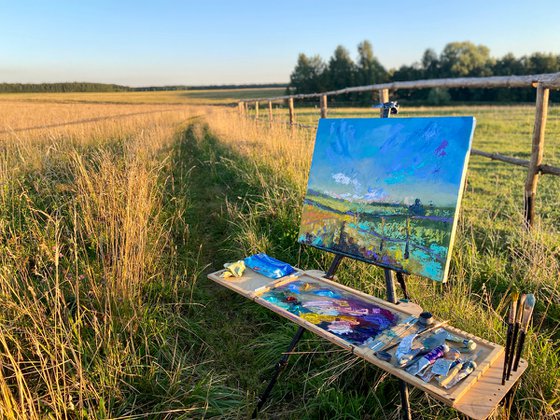 Fields - Yellow mood, 50*60 cm, impasto impressionistic landscape oil painting in yellow and blue colours