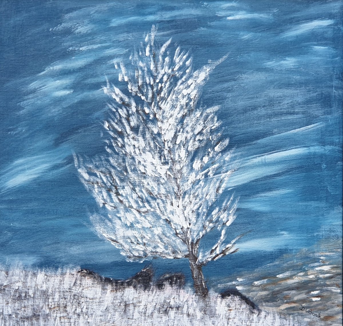 Impressionistic Landscape Acrylic Painting By Daniel Urbani?k, 24 X 24, Silver Landscape, Original Artwork