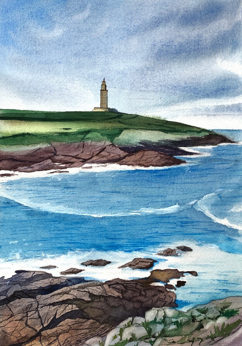 Photorealistic Landscape Watercolour By Tetiana Koda, 8 X 12", A View Of The Hercules Tower, Original Artwork