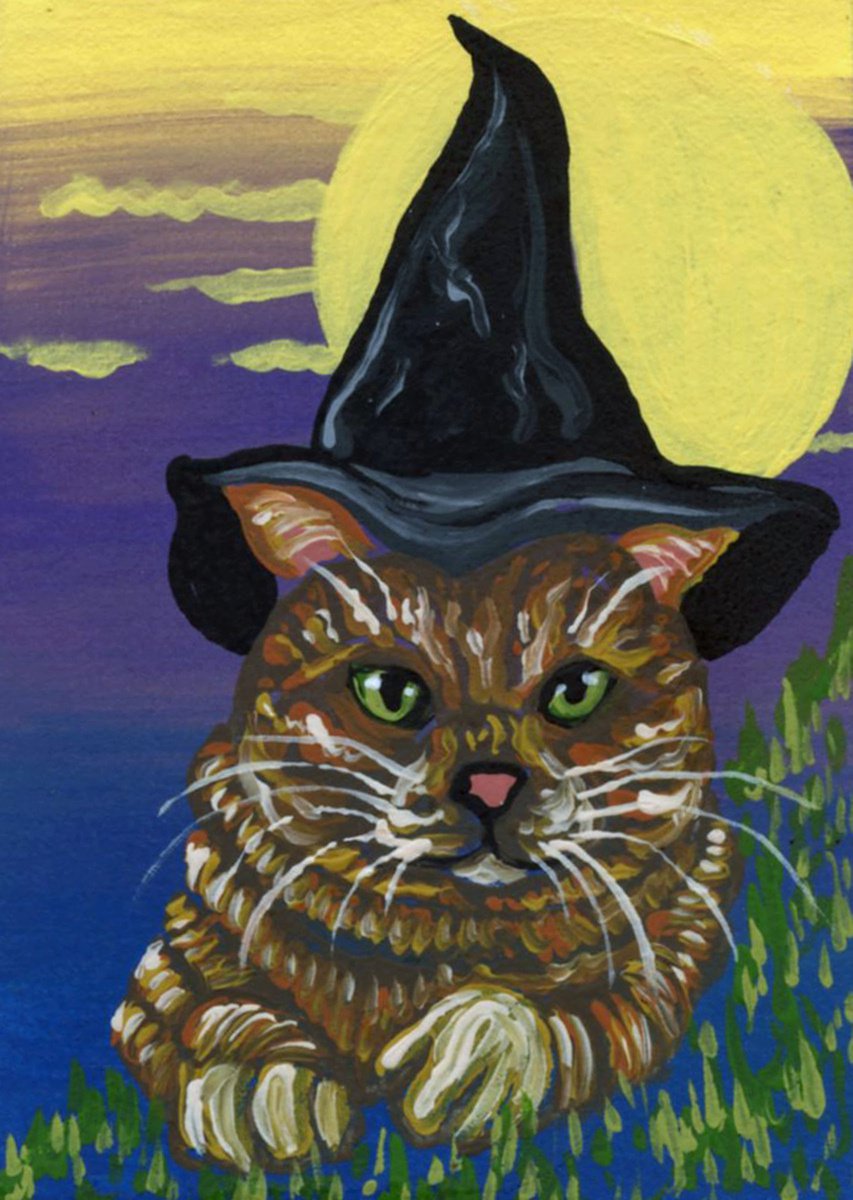 ACEO ATC Original Miniature Painting Halloween Witch Pet Orange Tabby Cat Art-Carla Smale by carla smale