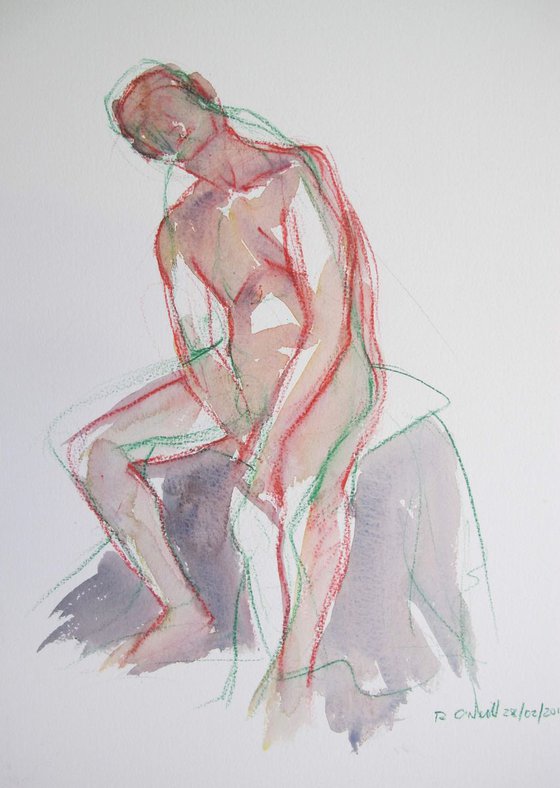 seated male nude red and green