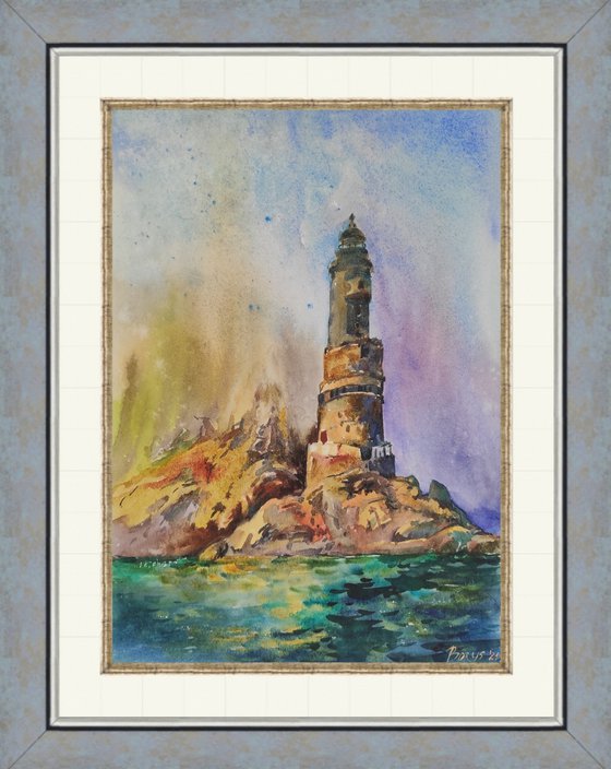 Lighthouse and cliffs - watercolor, original artwork