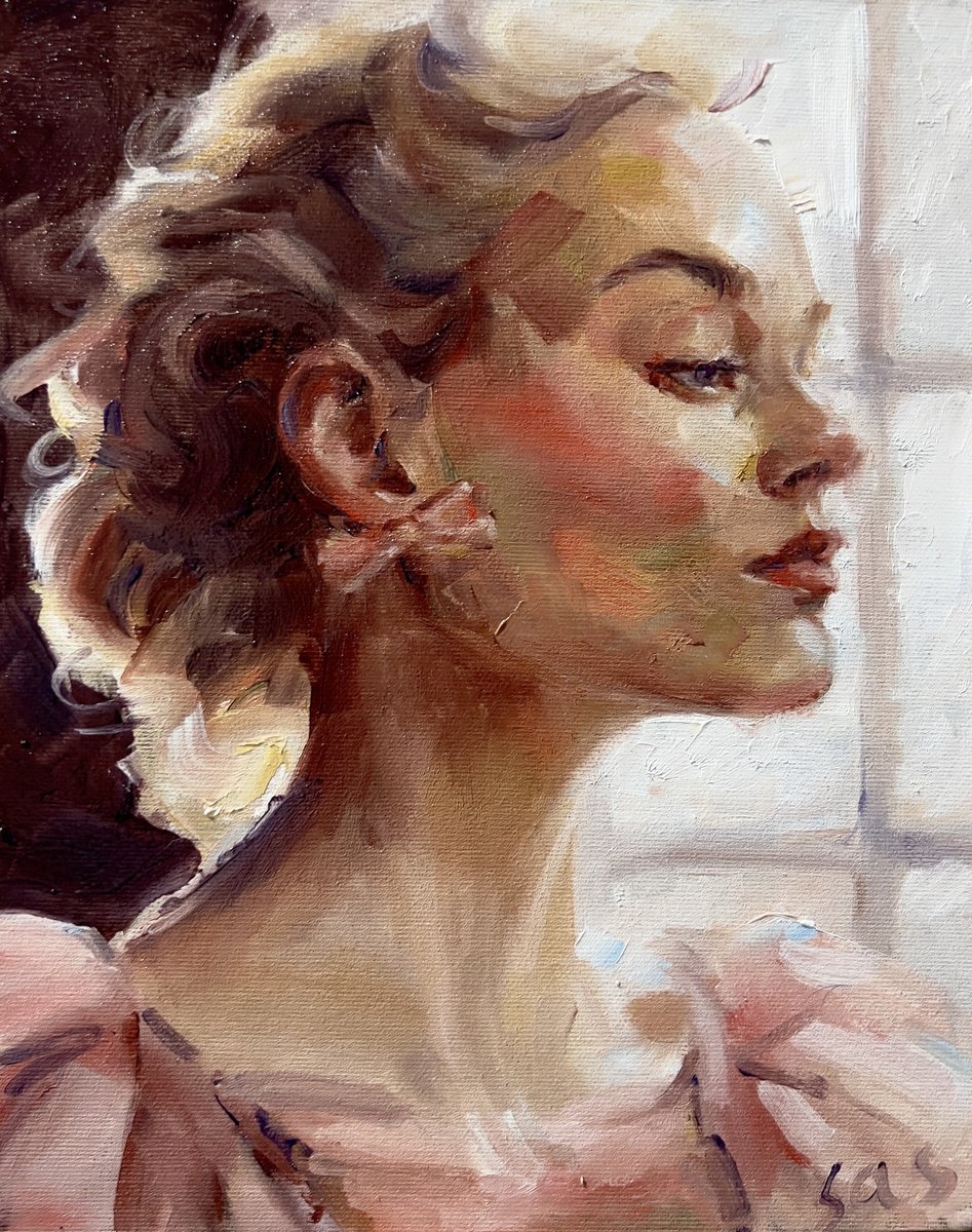 Impressionistic Portrait Oil Painting By Liubou Sas, 9 X 12", Waiting For The Magic, Original Artwork