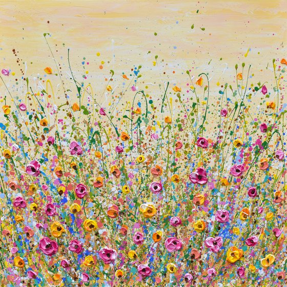 Sunshine Meadow - Textured Floral Painting, Palette knife art