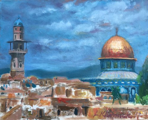 Cityscape oil painting Old Jerusalem Original  Painting WESTERN WALL 20" Realism Art by Leo Khomich