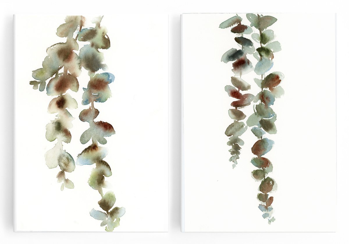 Eucalyptus leaves watercolor painting 2 set in green and brown by Sophie Rodionov