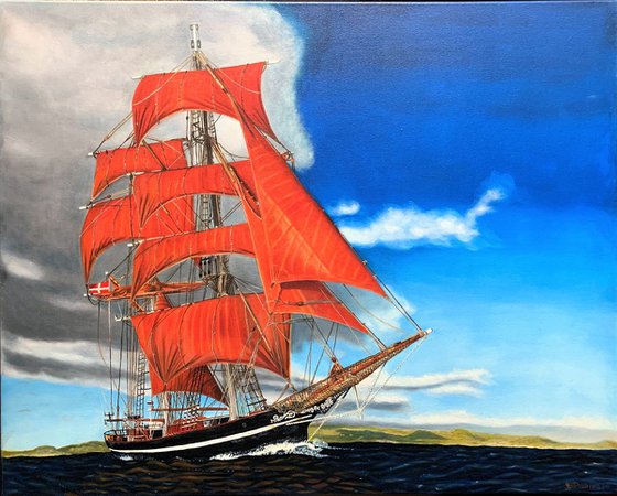 Schooner at sail away from storm