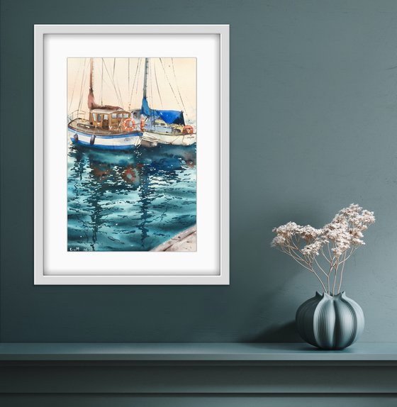 Reflections of yachts at sea. Original watercolor painting.