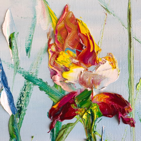 MORNING IRISES - Blooming irises. Red flowers. Summer landscape. Saturated colors. Fancy petals. Greenery. Beauty of nature. Palette knife.