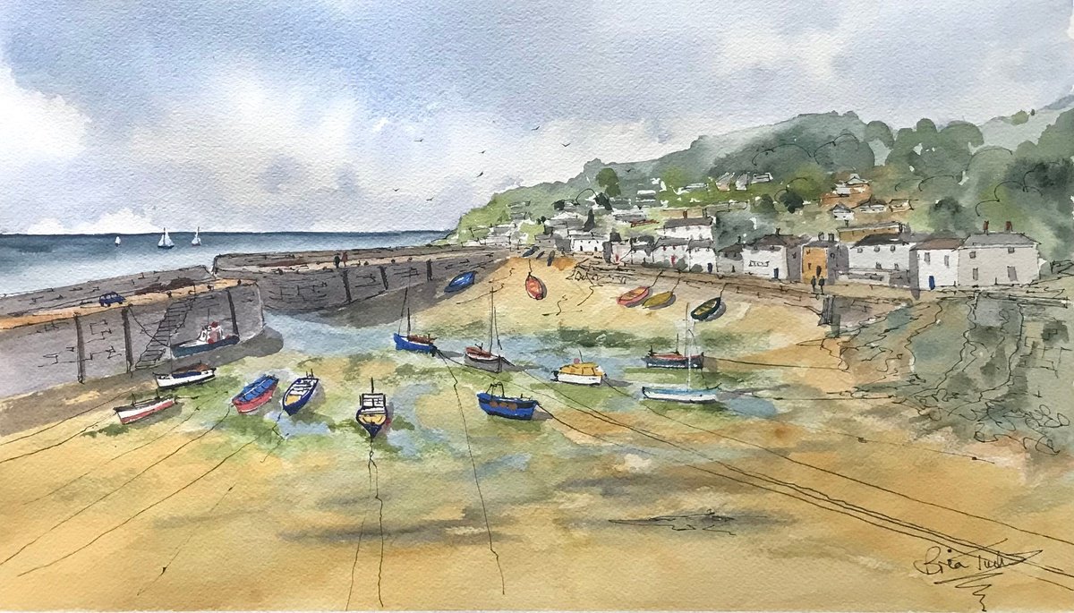 Impressionistic Landscape Watercolour By Brian Tucker, 18 X 10, Low Tide At Mousehole, Original Artwork