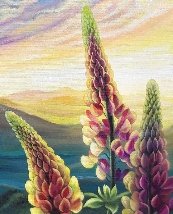 "Evening fairytale", lupines floral painting, landscape flowers art