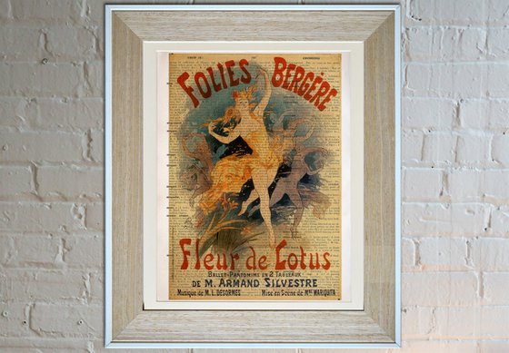 Folies Bergere Fleur de Lotus - Collage Art Print on Large Real English Dictionary Vintage Book Page