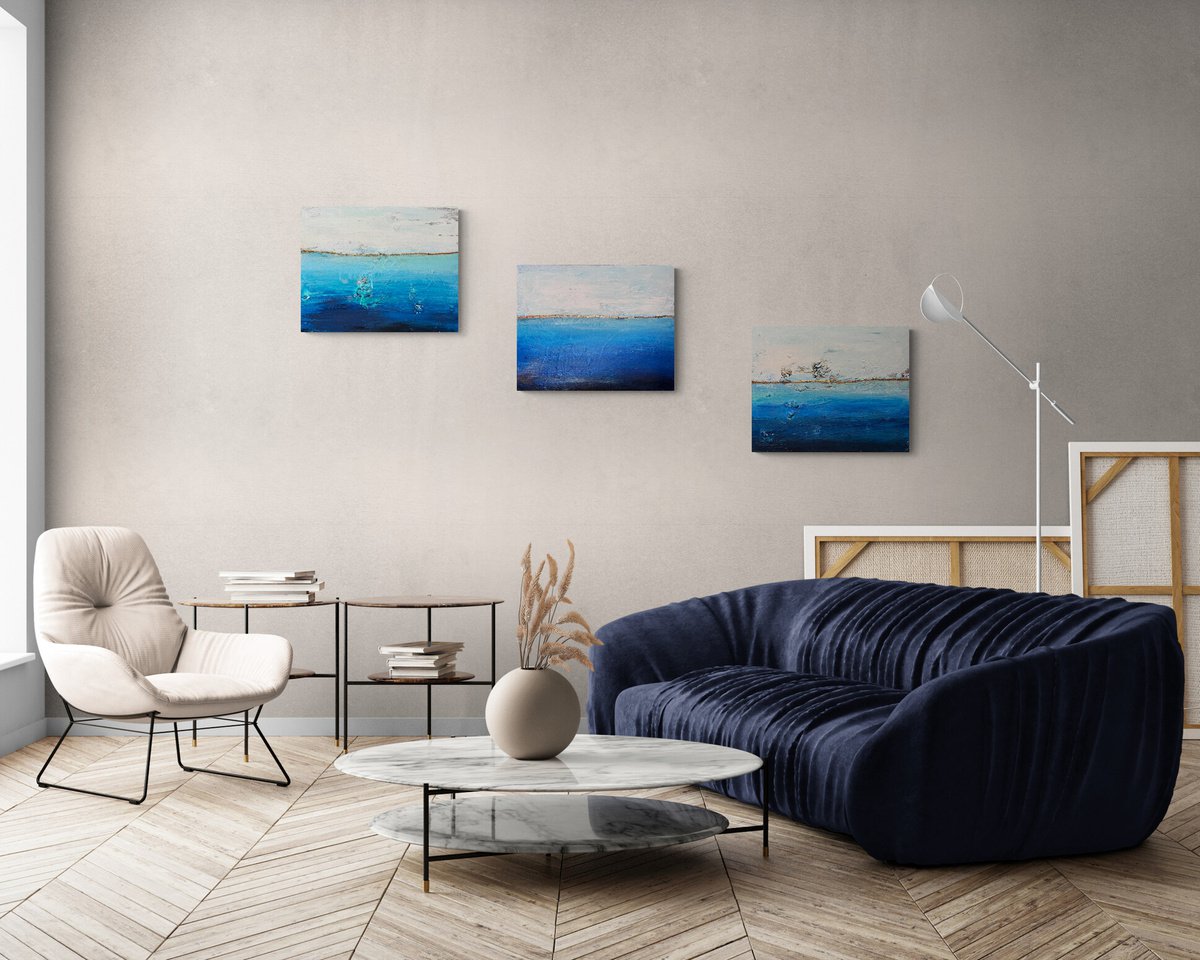 Seascape abstract blue abstract ocean triptych painting by Henrieta Angel