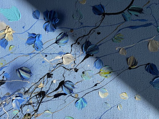 Square acrylic structure painting with flowers "Blue Day", mixed media